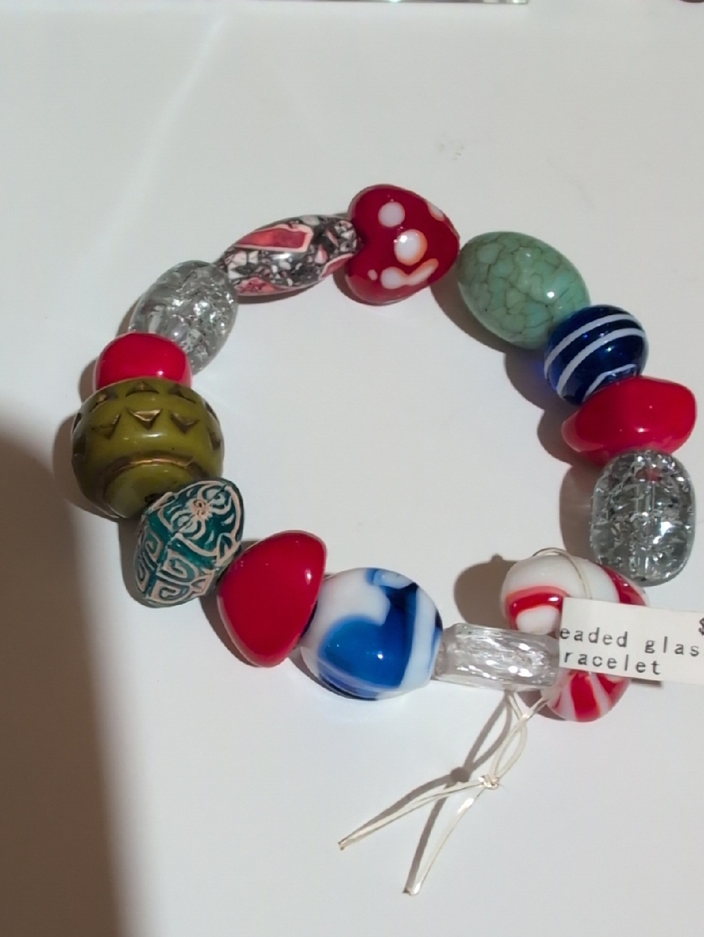 Handmade Multicolor Glass Bead Stretch Bracelet - Turquoise, Blue, Green, red - Picture 4 of 11